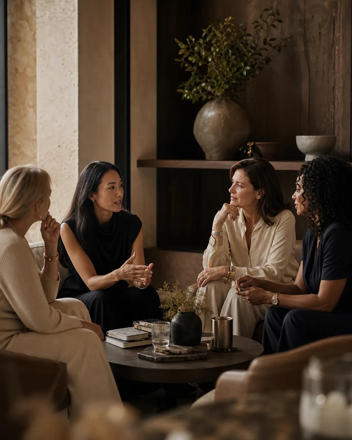Women sharing a thoughtful conversation in a private lounge